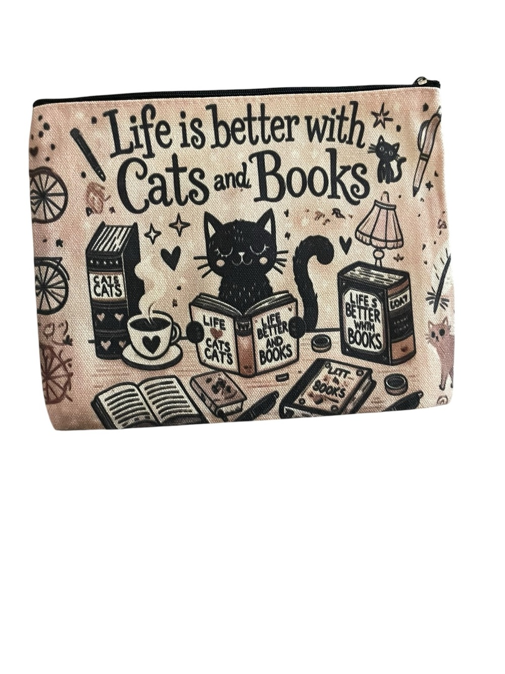 Cat and Books Zipper Pouch NWOT - Picture 2 of 2